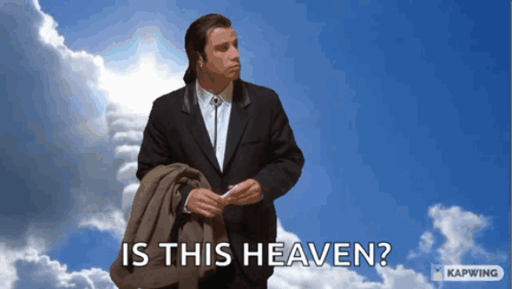 Meme di John Travolta (nel ruolo di Vincent Vega) che si guarda attorno con un'espressione confusa e smarrita, sovrapposto a un'ambientazione surreale e paradisiaca